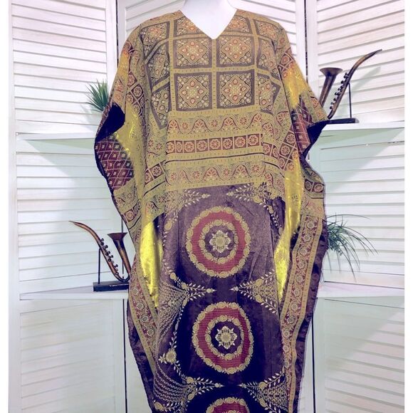 Vintage 70s Boho Kaftan Batik Golden Baroque Art Print Maxi Dress OS - Picture 1 of 13